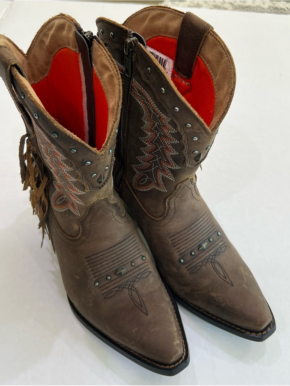 Durango Brown Leather Western Cowboy Boots with Orange Lining & Fringe Size 7.5